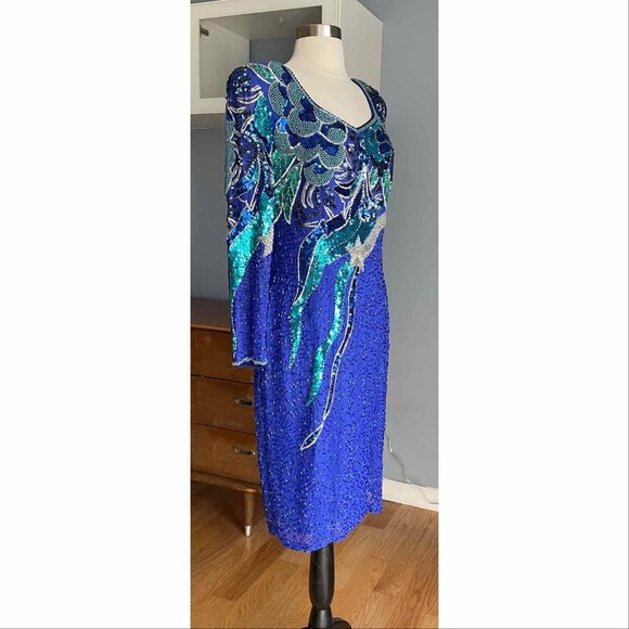 Vintage 80's NiteLine Beaded Sequin Silk Shooting Star Statement Dress Trophy - Picture 2 of 9